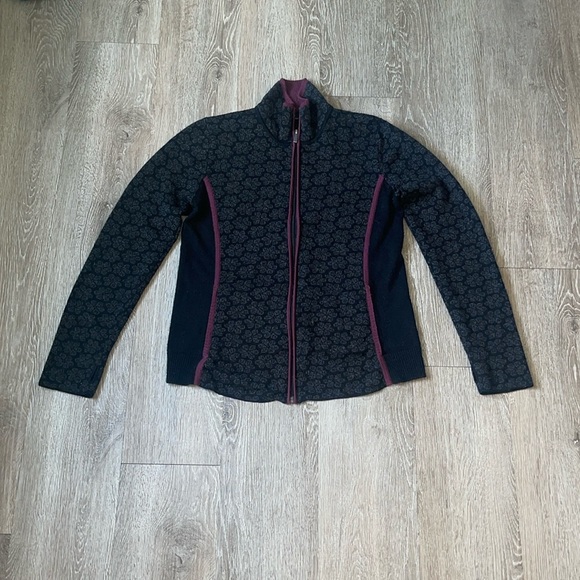 Smartwool Zip Up Sweater size Large flower print 100% merino wool black gray - Picture 1 of 11